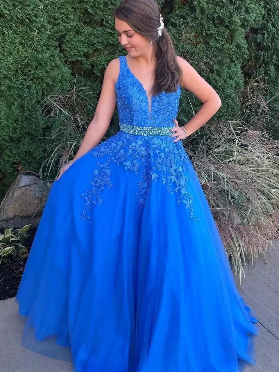 Stylish A-line V Neck Backless Tulle Lace Long Prom Dresseswith Belt by BIZTUNNEL