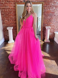 Stylish A-line V Neck Backless Tulle Long Prom Dresses Open Back Formal Graduation Evening Gowns by BIZTUNNEL