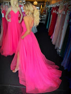 Stylish A-line V Neck Backless Tulle Long Prom Dresses with Leg Slit by BIZTUNNEL