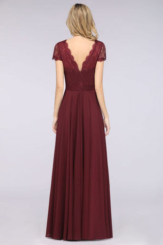 Elegante vestido de dama de honor con escote en V, mangas cortas y largo hasta el suelo