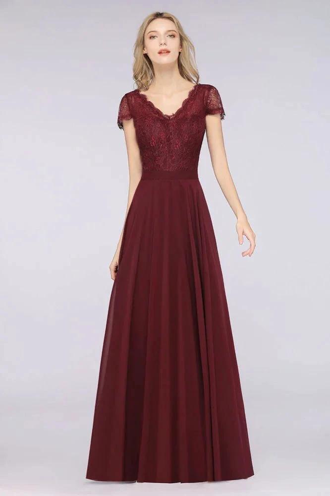 Stylish A-Line V-Neck Cap-Sleeves Floor-Length Bridesmaid Dress by misshow.com