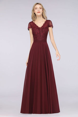 Elegante vestido de dama de honor con escote en V, mangas cortas y largo hasta el suelo