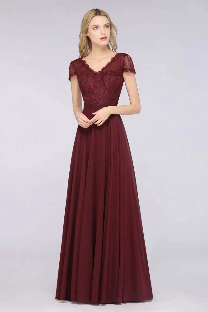 Stylish A-Line V-Neck Cap-Sleeves Floor-Length Bridesmaid Dress by misshow.com