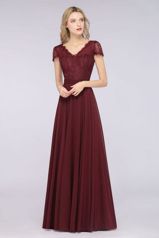 Elegante vestido de dama de honor con escote en V, mangas cortas y largo hasta el suelo