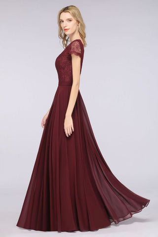 Elegante vestido de dama de honor con escote en V, mangas cortas y largo hasta el suelo