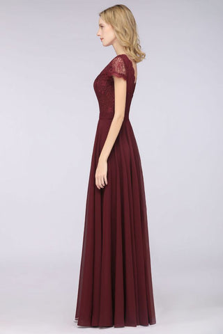 Elegante vestido de dama de honor con escote en V, mangas cortas y largo hasta el suelo