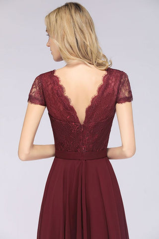 Elegante vestido de dama de honor con escote en V, mangas cortas y largo hasta el suelo