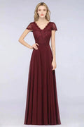 Stylish A-Line V-Neck Cap-Sleeves Floor-Length Bridesmaid Dress by misshow.com