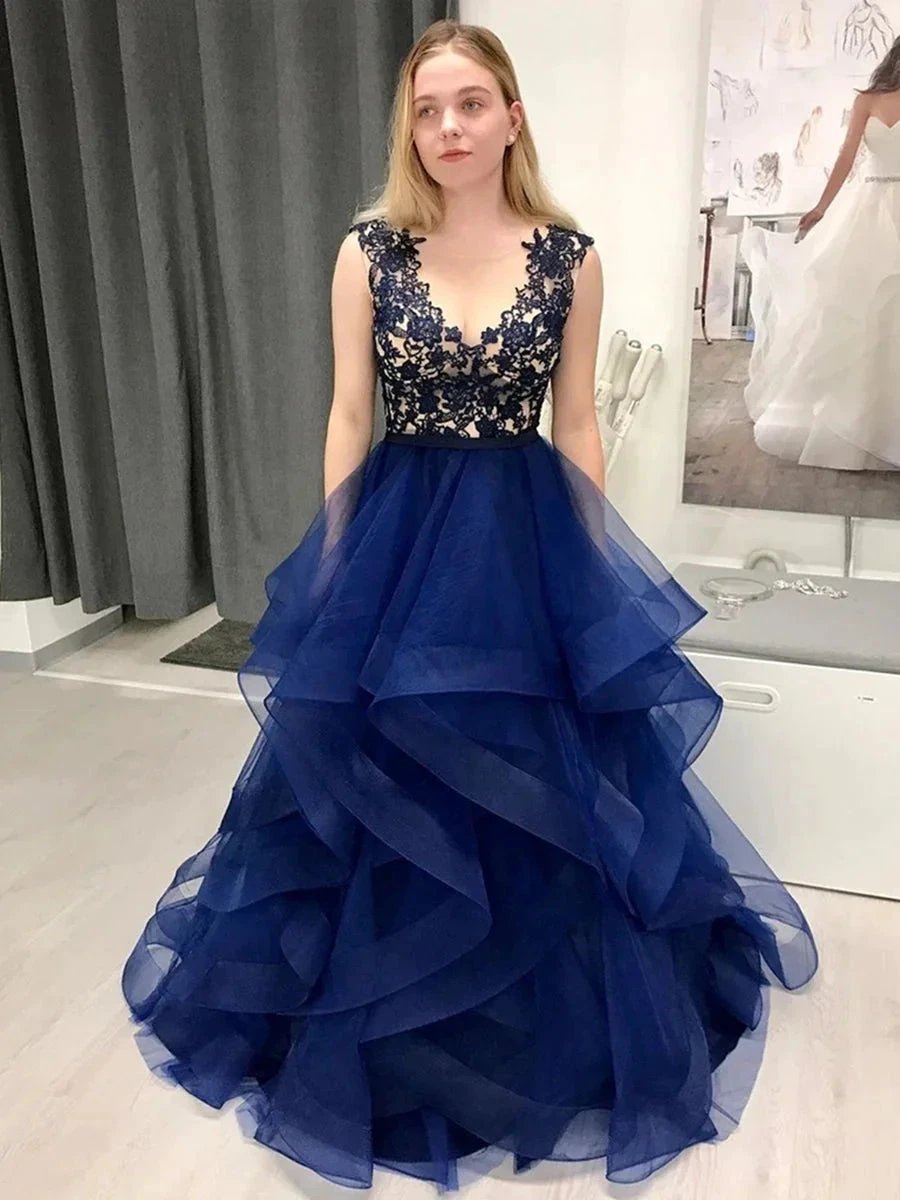 Stylish A-line V-neck Lace Fluffy Tulle Long Prom Formal Dresses by BIZTUNNEL