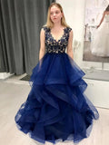 Stylish A-line V-neck Lace Fluffy Tulle Long Prom Formal Dresses by BIZTUNNEL