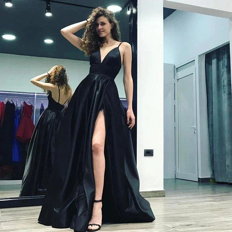 Stylish A-Line V-neck Satin Long Black Prom Dress With Slit by BIZTUNNEL