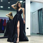 Stylish A-Line V-neck Satin Long Black Prom Dress With Slit by BIZTUNNEL