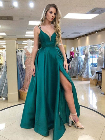 Elegantes vestidos de fiesta largos de satén con escote en V y corte A con abertura alta