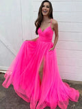 Stylish A Line V Neck Tulle Front Slit Long Prom Dresses with Pockets by BIZTUNNEL