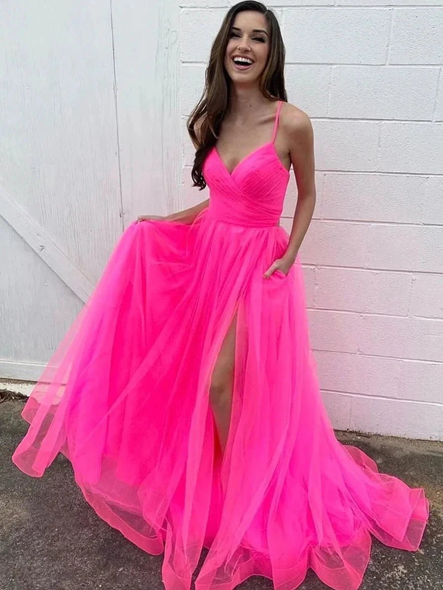Stylish A Line V Neck Tulle Front Slit Long Prom Dresses with Pockets by BIZTUNNEL