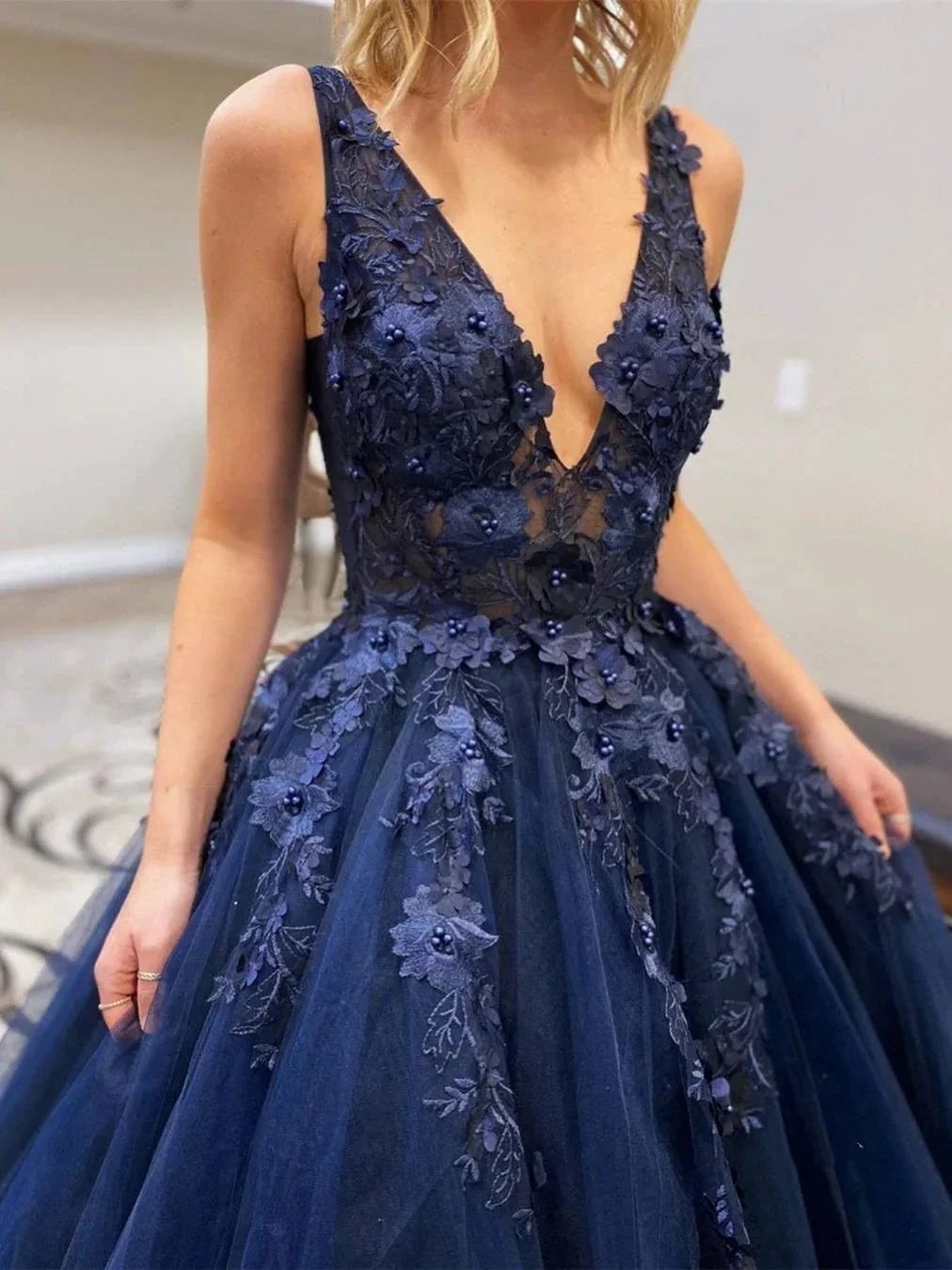 Stylish A-line V Neck Tulle Lace Long Formal Prom Dresses by BIZTUNNEL