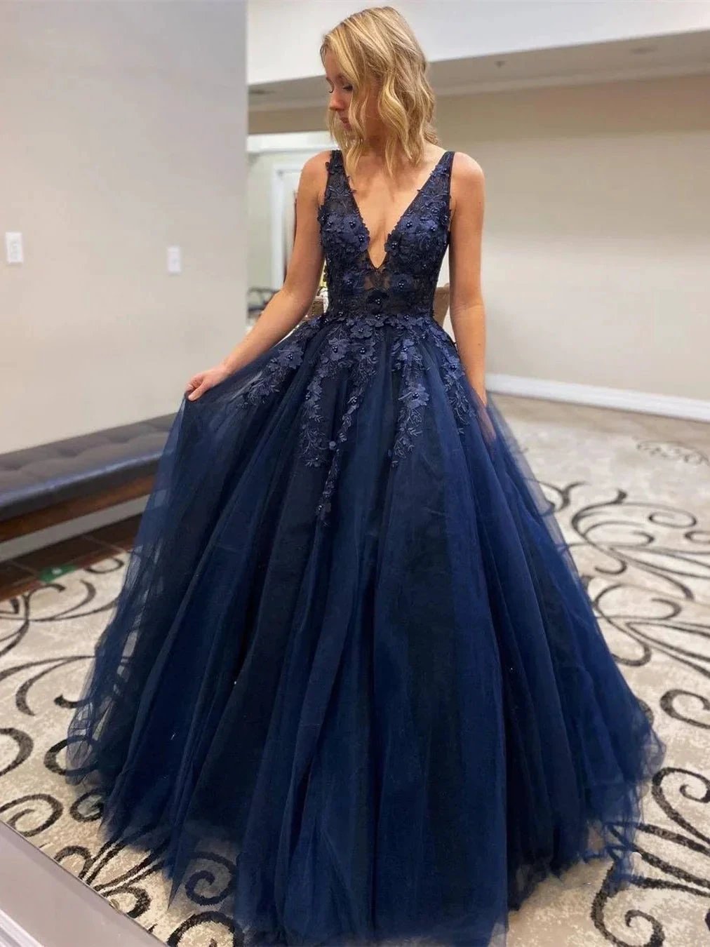 Stylish A-line V Neck Tulle Lace Long Formal Prom Dresses by BIZTUNNEL