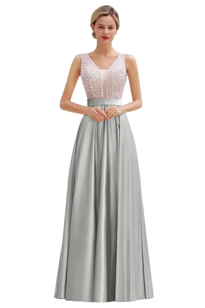 Stylish Backless Satin Floor Length Evening Dress V-Neck Party Dress by misshow.com