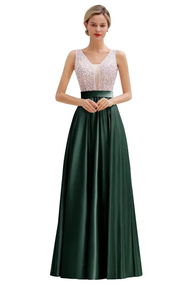 Stylish Backless Satin Floor Length Evening Dress V-Neck Party Dress by misshow.com