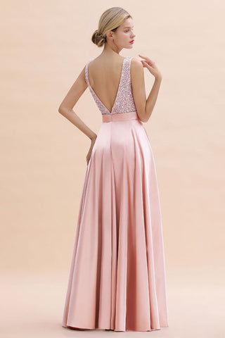 Stilvolles rückenfreies bodenlanges Abendkleid aus Satin mit V-Ausschnitt