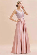 Stylish Backless Satin Floor Length Evening Dress V-Neck Party Dress by misshow.com