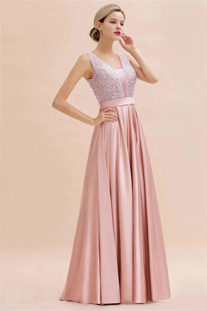 Stylish Backless Satin Floor Length Evening Dress V-Neck Party Dress by misshow.com