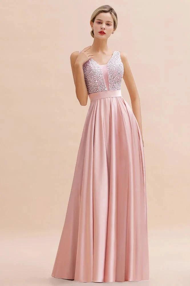 Stylish Backless Satin Floor Length Evening Dress V-Neck Party Dress by misshow.com