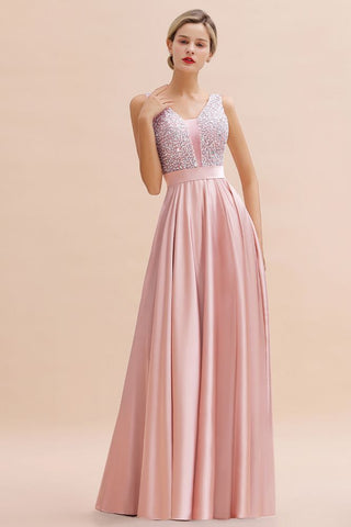 Stilvolles rückenfreies bodenlanges Abendkleid aus Satin mit V-Ausschnitt