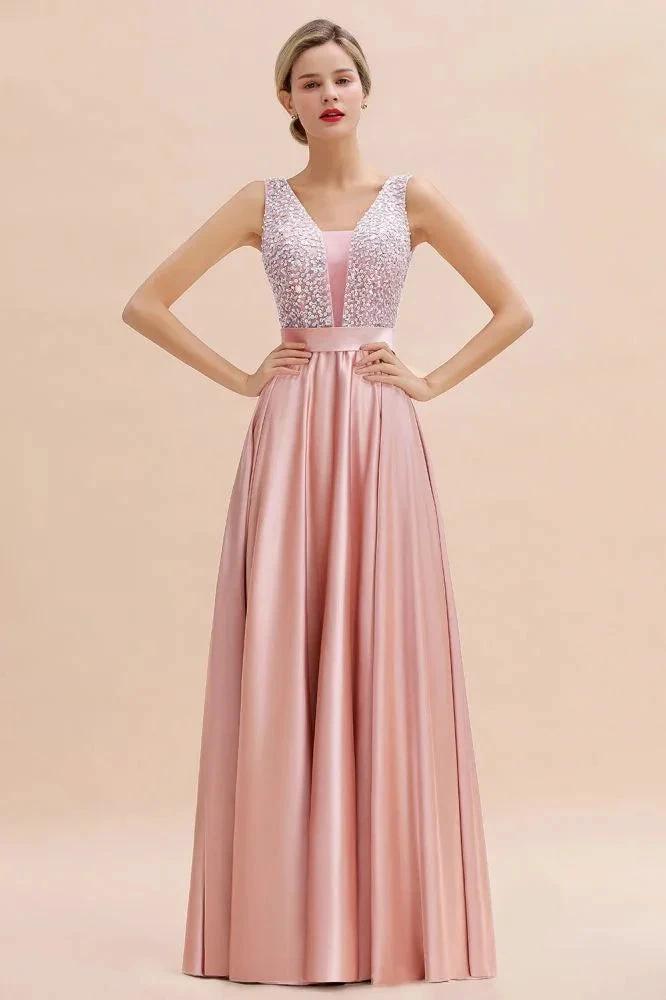 Stylish Backless Satin Floor Length Evening Dress V-Neck Party Dress by misshow.com