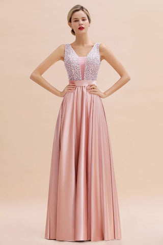 Stilvolles rückenfreies bodenlanges Abendkleid aus Satin mit V-Ausschnitt