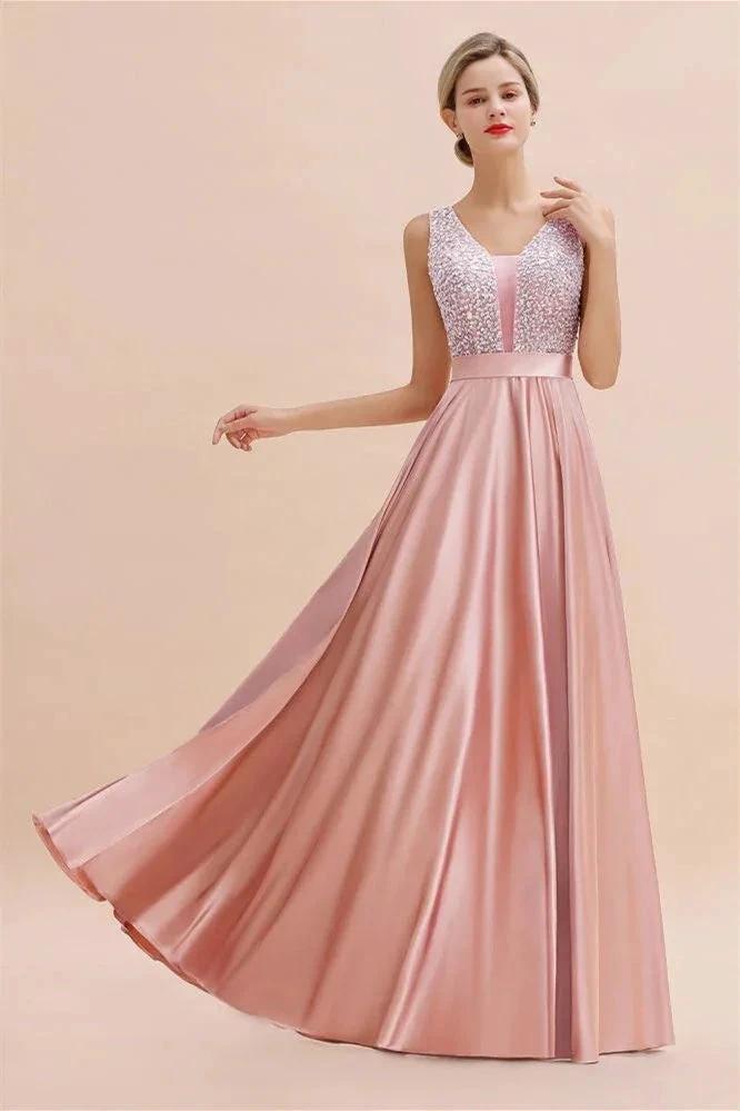 Stylish Backless Satin Floor Length Evening Dress V-Neck Party Dress by misshow.com