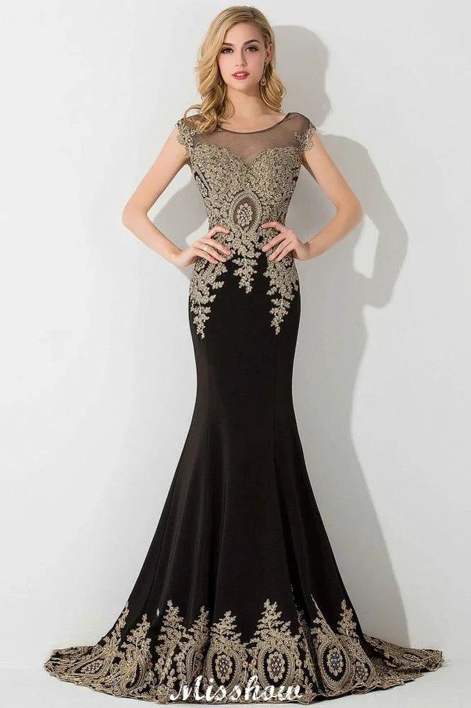 Stylish Cap Sleeve Gold Appliques Mermaid Evening Maxi Gown Sleveless Party Dress by misshow.com