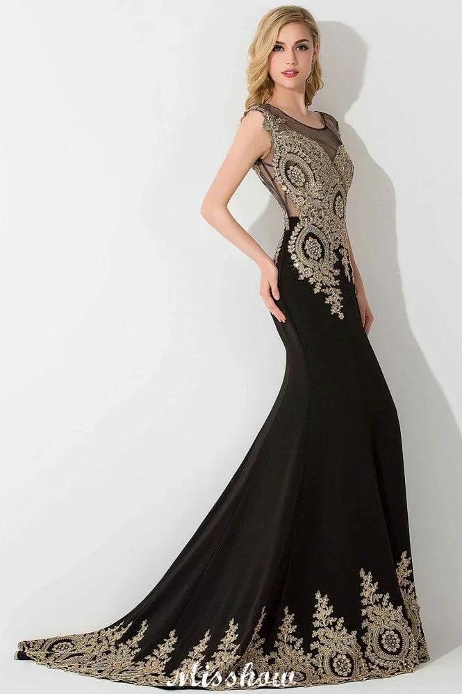Stylish Cap Sleeve Gold Appliques Mermaid Evening Maxi Gown Sleveless Party Dress by misshow.com