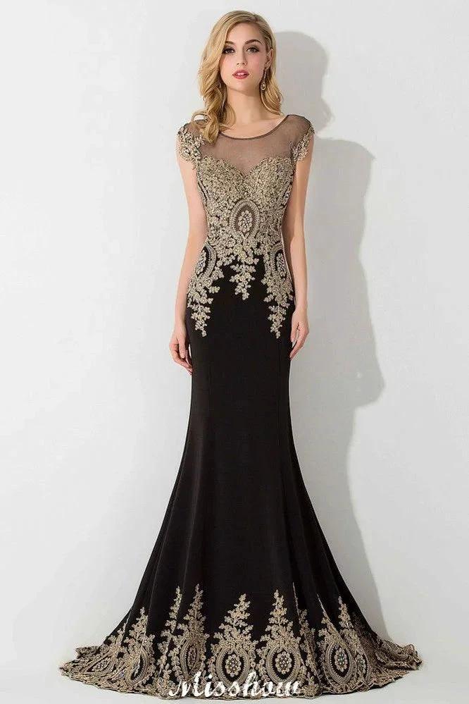 Stylish Cap Sleeve Gold Appliques Mermaid Evening Maxi Gown Sleveless Party Dress by misshow.com