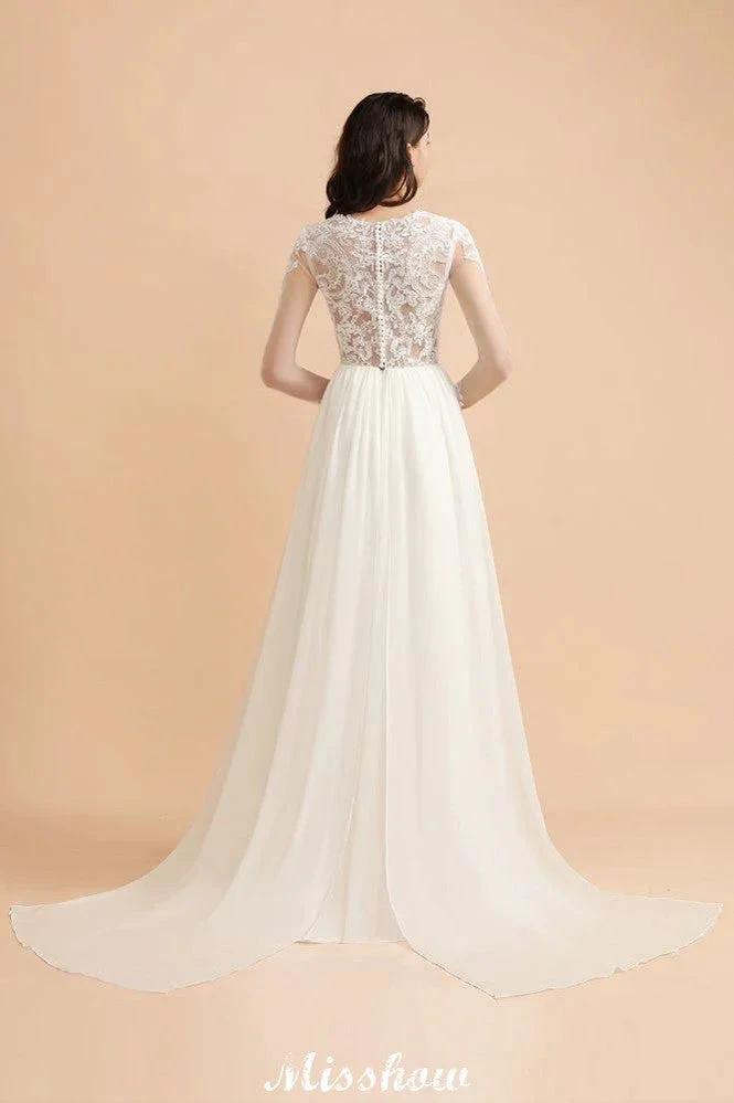 Stylish Crew Neck Lace Appliques Wedding Dress Long Sleeve Chiffon Simple Bridal Gown by misshow.com