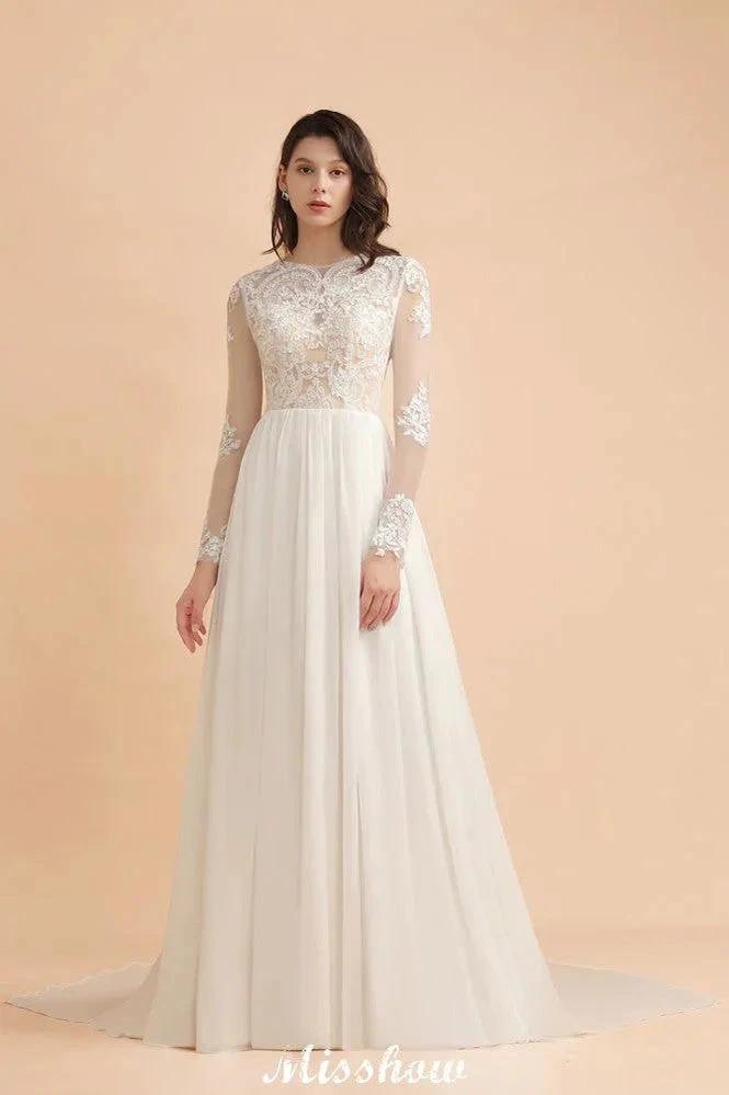 Stylish Crew Neck Lace Appliques Wedding Dress Long Sleeve Chiffon Simple Bridal Gown by misshow.com