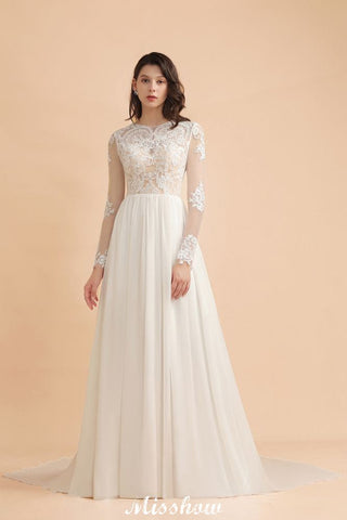 Stylish Crew Neck Lace Appliques Wedding Dress Long Sleeve Chiffon Simple Bridal Gown