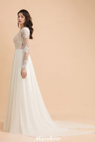 Stylish Crew Neck Lace Appliques Wedding Dress Long Sleeve Chiffon Simple Bridal Gown