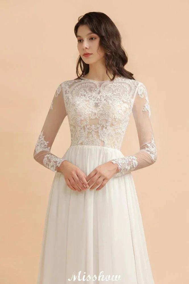 Stylish Crew Neck Lace Appliques Wedding Dress Long Sleeve Chiffon Simple Bridal Gown by misshow.com