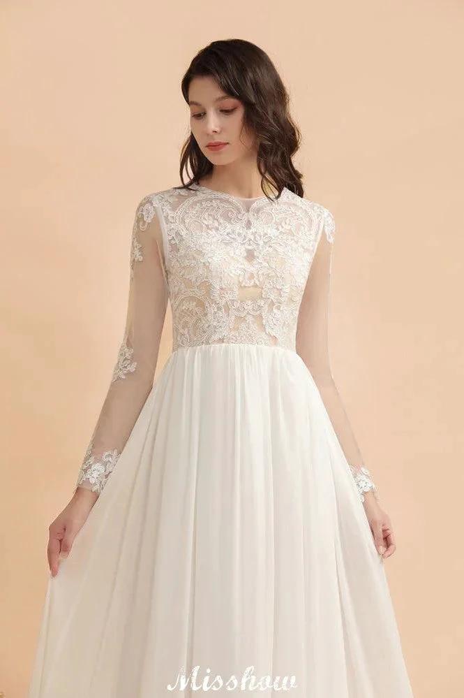 Stylish Crew Neck Lace Appliques Wedding Dress Long Sleeve Chiffon Simple Bridal Gown by misshow.com