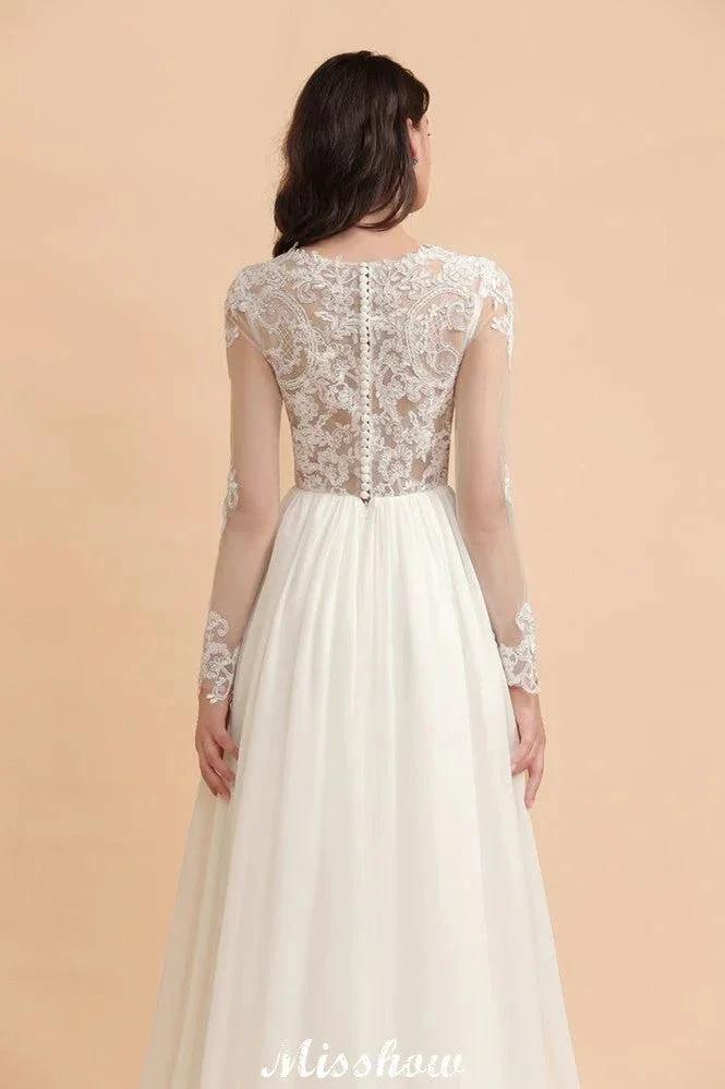Stylish Crew Neck Lace Appliques Wedding Dress Long Sleeve Chiffon Simple Bridal Gown by misshow.com