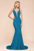Stylish Deep Double V-Neck Sleeveless Mermaid Prom Dress Formal Party Gown by misshow.com