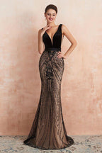 Stylish Deep V-Neck Black Beading Mermaid Prom Dress Sleeveless Slim Evening Party Gown by misshow.com
