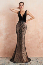 Stylish Deep V-Neck Black Beading Mermaid Prom Dress Sleeveless Slim Evening Party Gown by misshow.com