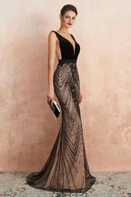 Stylish Deep V-Neck Black Beading Mermaid Prom Dress Sleeveless Slim Evening Party Gown by misshow.com