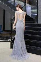 Stylish Deep V-Neck Sleeveless Beading Silver Slim Mermaid Party Gown by misshow.com