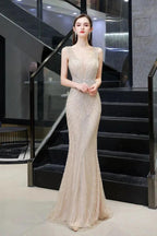 Stylish Deep V-Neck Sleeveless Beading Silver Slim Mermaid Party Gown by misshow.com