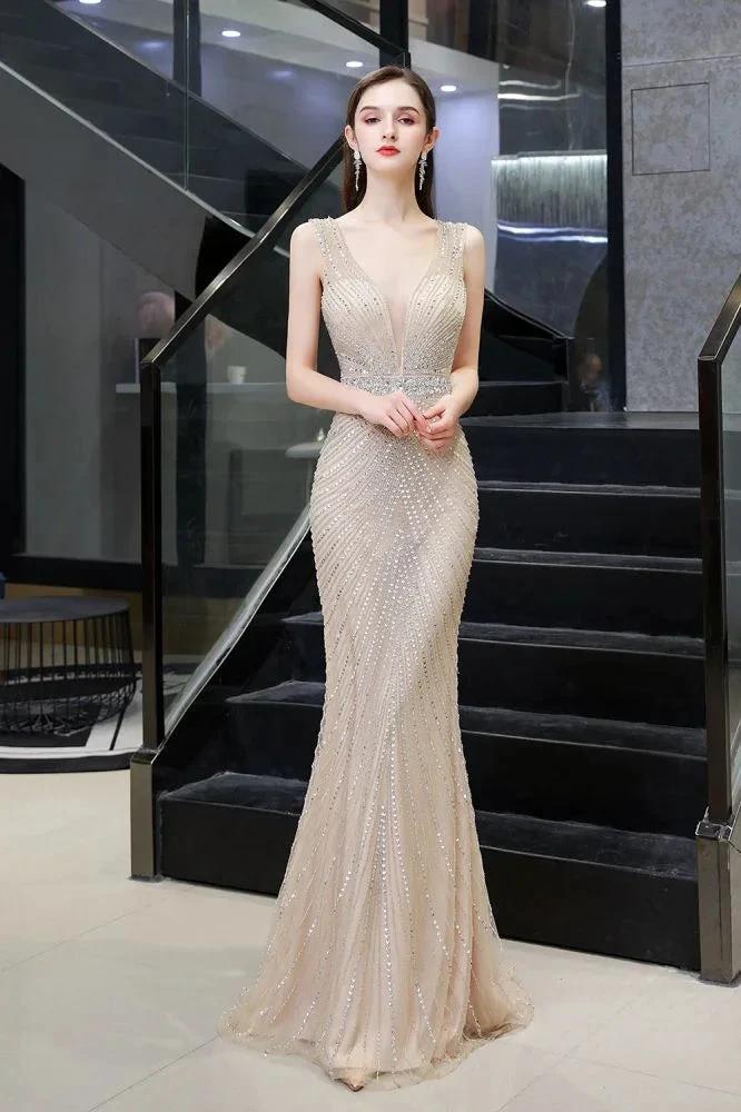 Stylish Deep V-Neck Sleeveless Beading Silver Slim Mermaid Party Gown by misshow.com