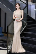 Stylish Deep V-Neck Sleeveless Beading Silver Slim Mermaid Party Gown by misshow.com