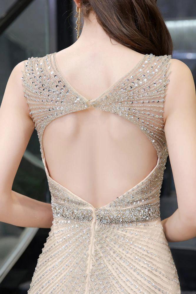Stylish Deep V-Neck Sleeveless Beading Silver Slim Mermaid Party Gown by misshow.com